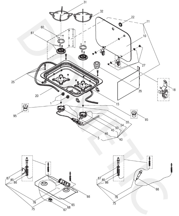 Vue éclaté du plan de cuisson gaz CE99-ZF DOMETIC - cuisine en camping-car, van et fourgon